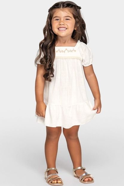 Vestido Infantil Menina Curto com Bordado Frontal Colorittá Bege - Marca Colorittá