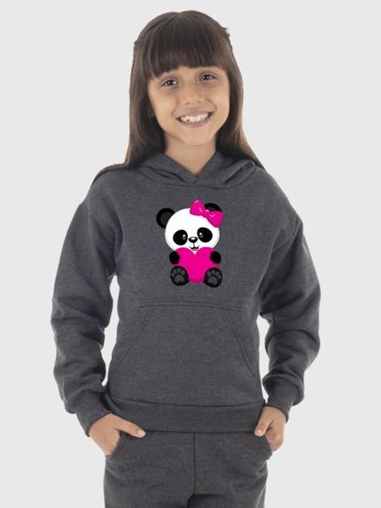 Moletom Canguru Infantil Menina Estampado Panda Chumbo - Marca Benellys