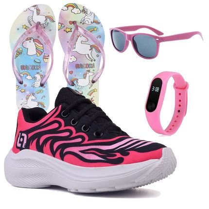 Tenis Infantil Meninas Casual Preto e Pink Feminino   Chinelo Óculos e Relógio - Marca CALCADOS LGHT LIGHT