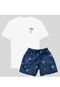 Conjunto Masculino 2 pçs Relaxado Camiseta Algodão Branca e Bermuda Tactel Estampada Azul Coqueiros - Marca Relaxado