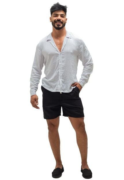Conjunto Camisa e Short de Linho Branco e Preto Masculino - Marca Dulk