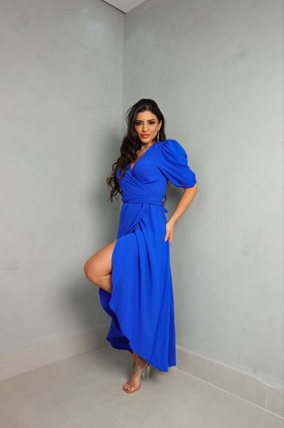 Vestido Midi Envelope Manguinha Transpasse  Azul - Marca Cia do Vestido