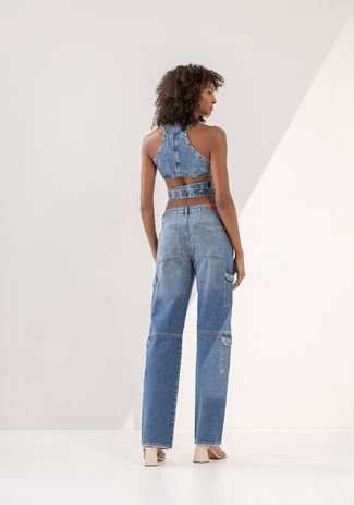 Blusa Jeans Cropped com Decote Transpassado