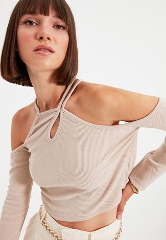 Blusa Cropped Trendyol Collection Off Shoulders Bege