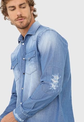 Camisa Jeans Forum Slim Destroyed Azul