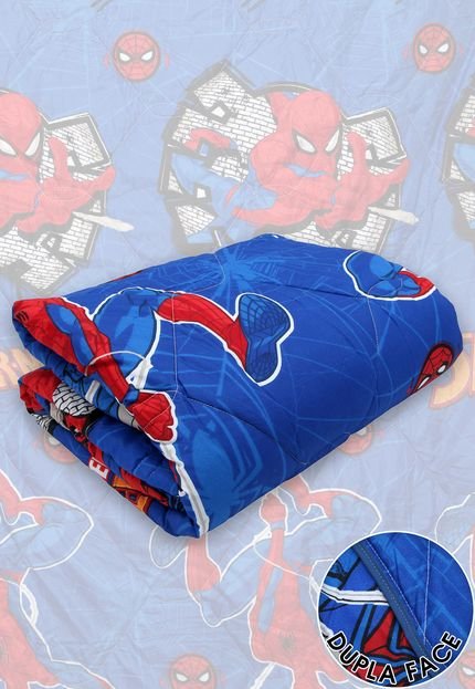 Edredom Dupla Face Solteiro Microfibra 1,50 m x 2,20 m Lepper Marvel Spider Man Azul - Marca Lepper