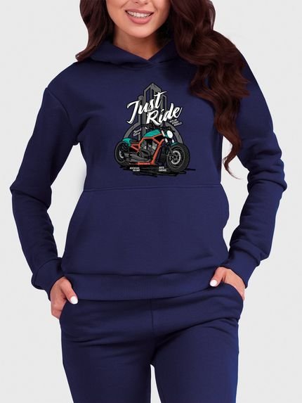 Moletom Canguru Feminino Flanelado com Capuz Moto Just Ride Azul Marinho - Marca Benellys