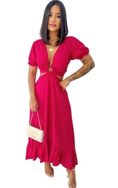 Vestido Midi Tais Viscose Abertura Argola Estampa Poá Rosa Pink - Marca Cia do Vestido