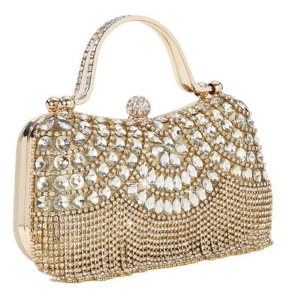 Bolsa Clutch Liage Festa Casamento Pedraria Pedra Brilhante Strass Brilho Franja e Metal Dourado - Marca Liage