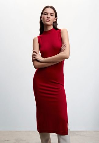 Vestido Mango Midi Fenda Vermelho