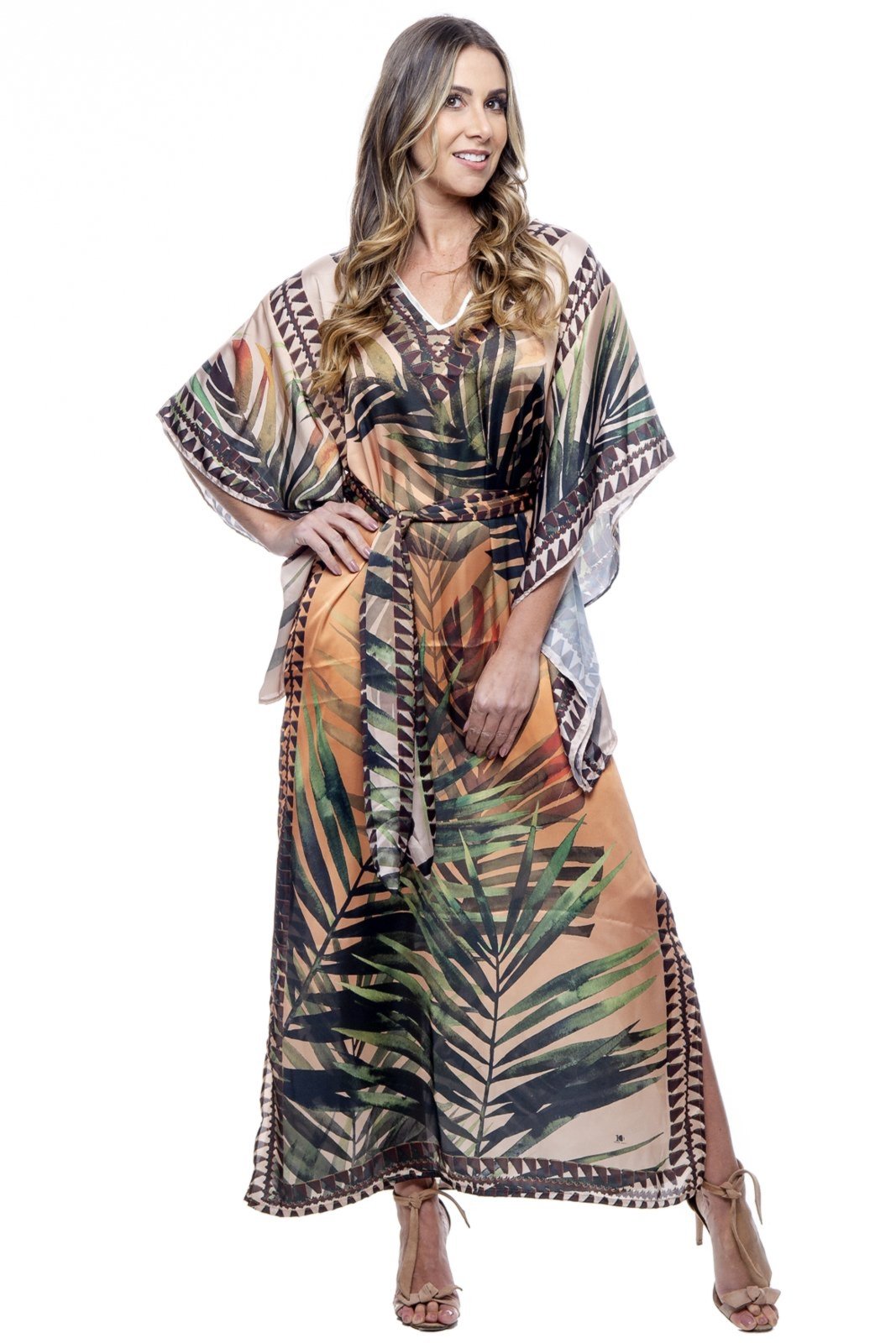 Vestido KAFTAN Longo KIMONO SAIDA Acetinado Estampado EXCLUSIVO Laranja - Marca 101 Resort Wear