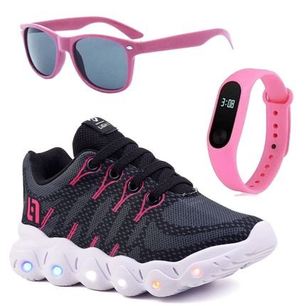 Tenis Infantil De Led Meninas Casual Preto e Pink Com Luzes Feminino   Óculos e Relógio - Marca CALCADOS LGHT LIGHT