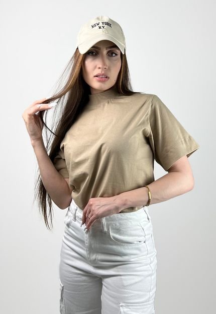 Camiseta T-Shirt Marrom Blusa Feminina Miia Gola Alta Algodão Elegante - Marca La'Oase