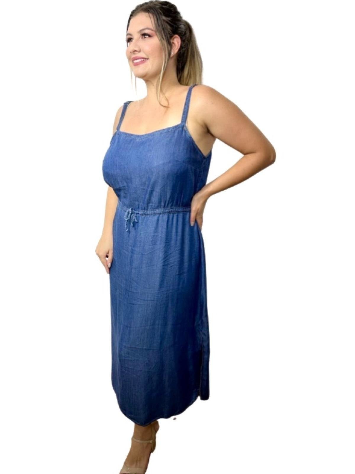 Vestido Liage Longo Liso Alça Alcinha Plus Size Denim Azul Escuro Jeans - Marca Liage