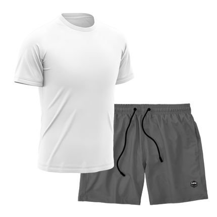 Kit Short   Camiseta Dry Treino Fitness Academia Bermuda Camisa Praia Esporte Branco/Cinza - Marca Life