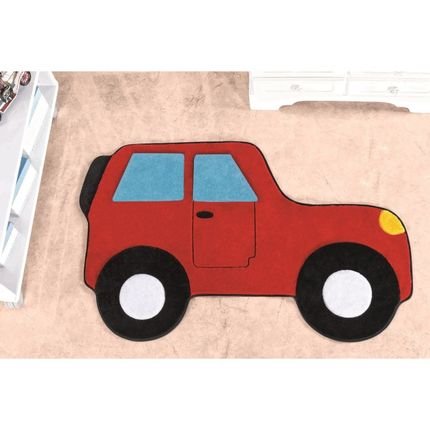 Tapete Formato com Antiderrapante Carro Aventura - 88 cm x 62 cm - Vermelho - Marca Guga Tapetes