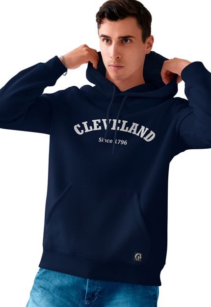 Blusa De Frio Masculina Moletom Flanelado Com Capuz e Bolso Canguru Cleveland Azul Marinho - Marca BUENO STORE