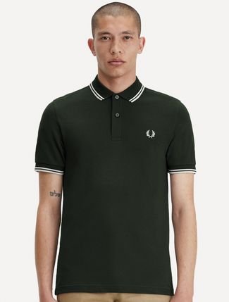 Polo Fred Perry Masculina Piquet Regular White Twin Tipped Verde Escuro