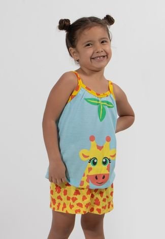 Baby Doll Infantil Pijama Feminino Curto Estampa Girafa Amarelo RLC Modas