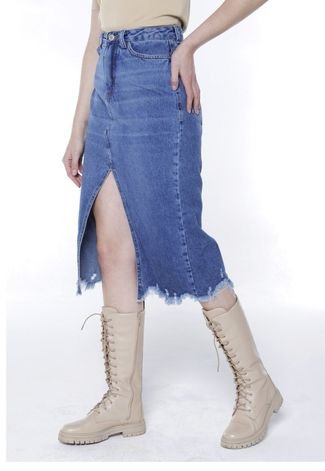 Saia Jeans Midi com Abertura Frontal Sob Azul