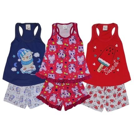 kit 3 Pijamas Infantil Menina Regata Mafessoni em Algodão  Rosa - Marca Babie