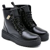 Bota Feminino Blogueira Com Cadarco  Coturno Militar Cano Alto Sola de Borracha Antiderrapante 202-GG - Preto - Marca Gugi