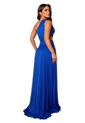 Vestido Longo de Festa Premium Convidadas Madrinhas Casamento um Ombro Com Brilho Abertura Lateral Aliene Azul Royal
