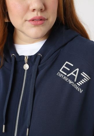 Blusa de Moletom Aberta EA7 Plus Size Capuz Azul-Marinho