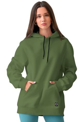 Blusa De Frio Feminina W2 Moletom Liso Com Capuz e Bolso Canguru Felpado Verde Militar