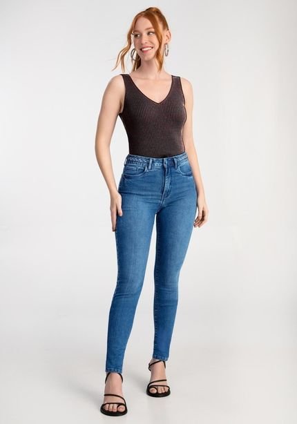 Calça Jeans Skinny Chapa Barriga com Trança Cós - Marca Lunender