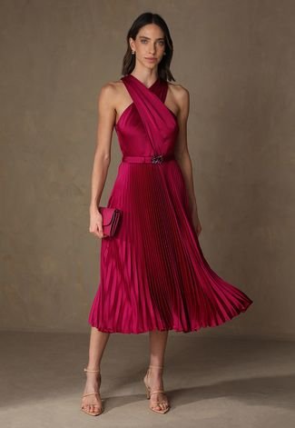 Vestido Lauren by Ralph Lauren Midi Plissado Pink