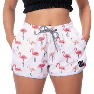 Short Praia Flamingos Feminino Estilo Conforto Lançamento Branco