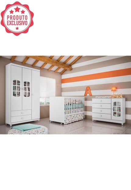 Dormitório Gabi Guarda Roupa 3 Portas Cômoda Berço Gabi Branco Carolina Baby - Marca Carolina Baby
