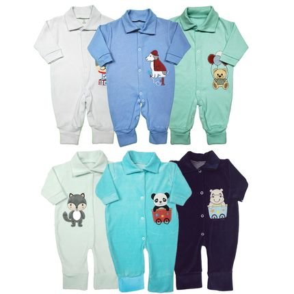 Kit de Bebê 6 Peças Macacão Suedine e Macacão Plush Bordado Azul - Marca Koala Baby