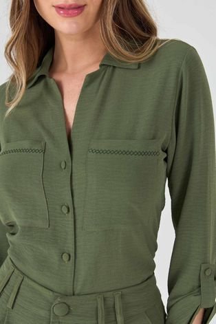 Camisa PKS Manga Longa Bolso Bordado Verde Militar