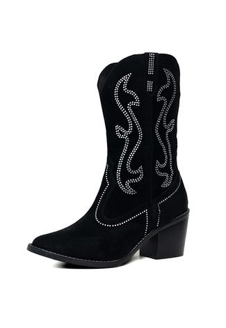 Bota Western Texana Bico Fino Country Preta Com Brilho Strass Kuento Shoes
