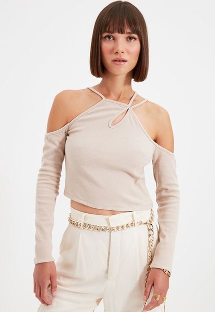 Blusa Cropped Trendyol Collection Off Shoulders Bege - Marca Trendyol Collection