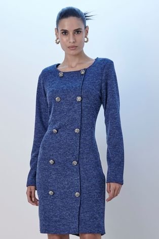 Vestido Midi Malha Tweed Smk Azul Escuro