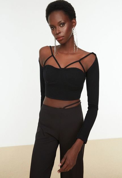 Blusa Cropped Trendyol Collection Strappy Preta - Marca Trendyol Collection