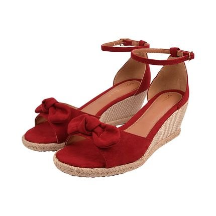 Sandália Anabela Feminina Plataforma CM Calçados Macia Juta Corda Natural Camurça Laço Nó Vermelho - Marca Monte Shoes