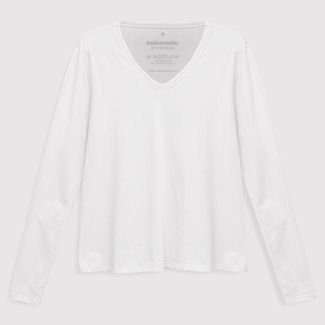 Camiseta Reta Feminina Gola V Manga Longa Branco