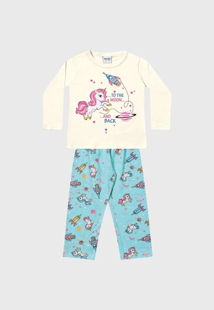 Pijama Fakini Longo Infantil Unicórnio Off-White/Azul - Marca Fakini