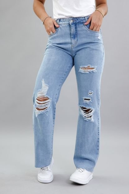 Calça Jeans Feminina Destroyed Perna Reta em Lavagem Clara - Marca Dialogo Jeans