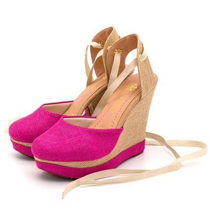 Sandália Feminina Salto Anabela Juta Linho Pink Lançamento - Marca Carolla Shoes