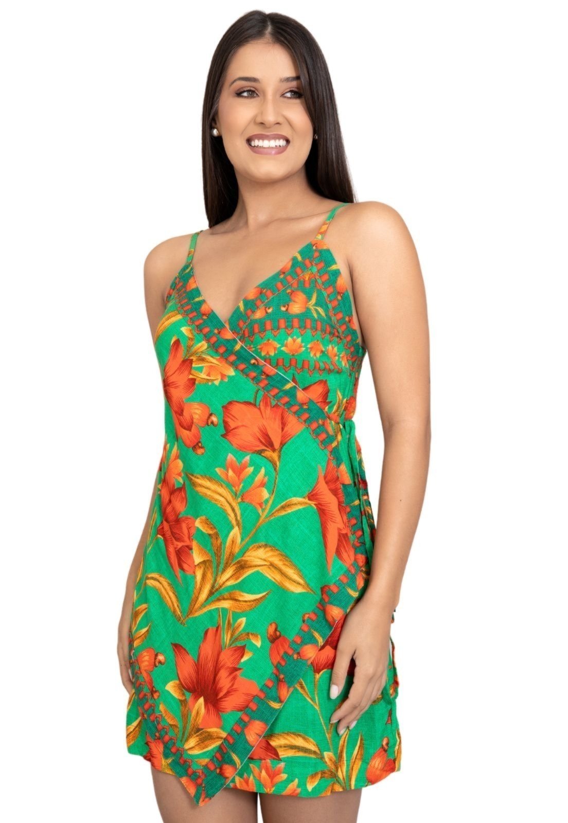 Vestido Curto Feminino de Alcinha Fina Ajustável Elegante Confortável Tendência Moderno Estampado Amarração Floral Decota em V Acinturado  - Marca Meimi Amores