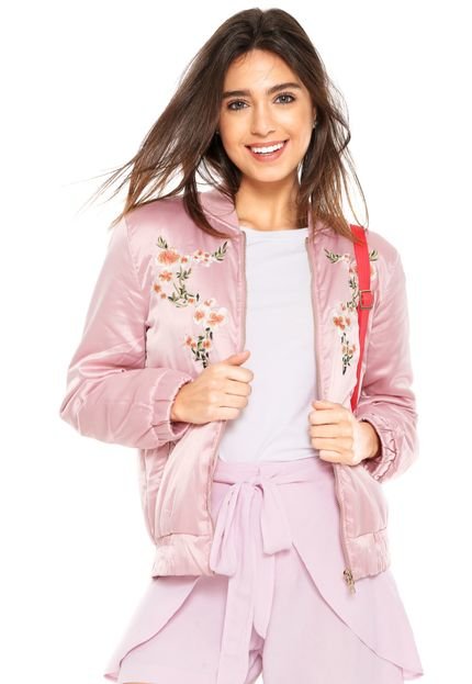 Jaqueta Bomber Chocris Bordada Rosa - Marca Chocris