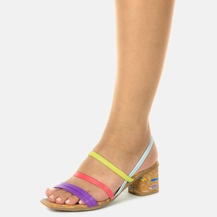 Sandália Salto Baixo Azaleia Tiras Coloridas Calcanhar Aberto em Elástico Cortiça - Marca Somileve Calçados