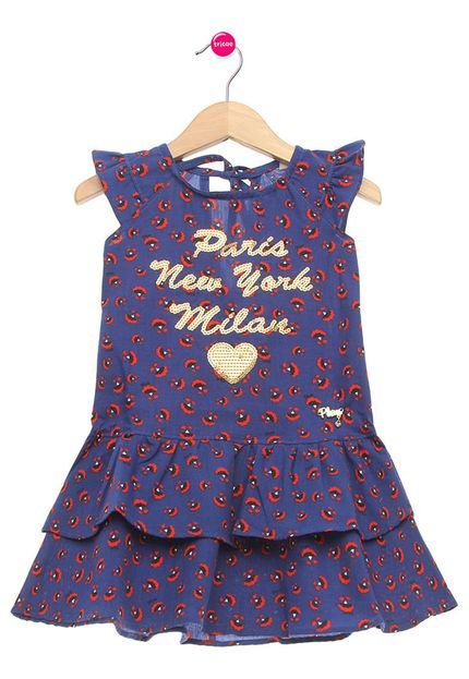 Vestido Manga Curta Fakini Paris, New York, Milan Royal Estampado Azul - Marca Fakini