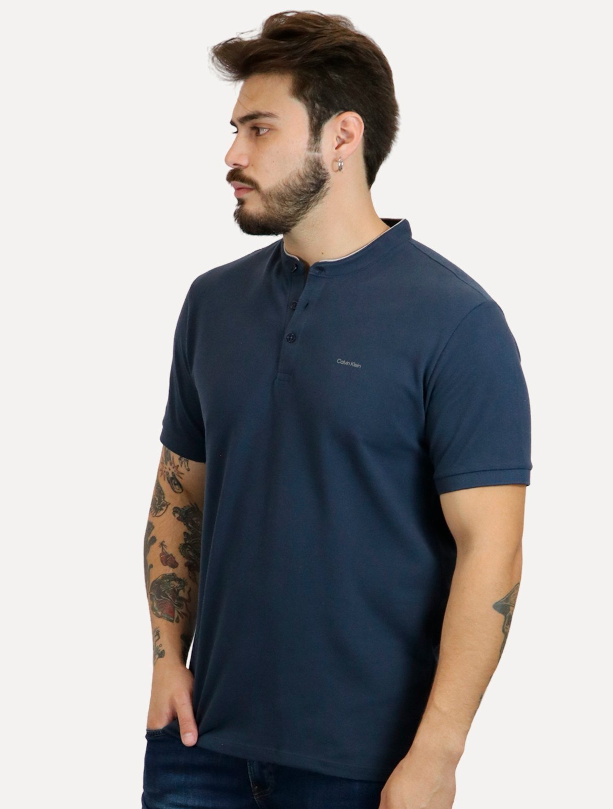 Polo Calvin Klein Masculina Regular Gola Portuguesa Friso Azul Marinho - Marca Calvin Klein