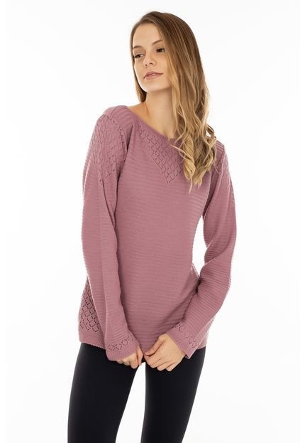 Blusa Pink Tricot Manga Longa Rendada e Gola Redonda  Rosa Claro - Marca Pink Tricot